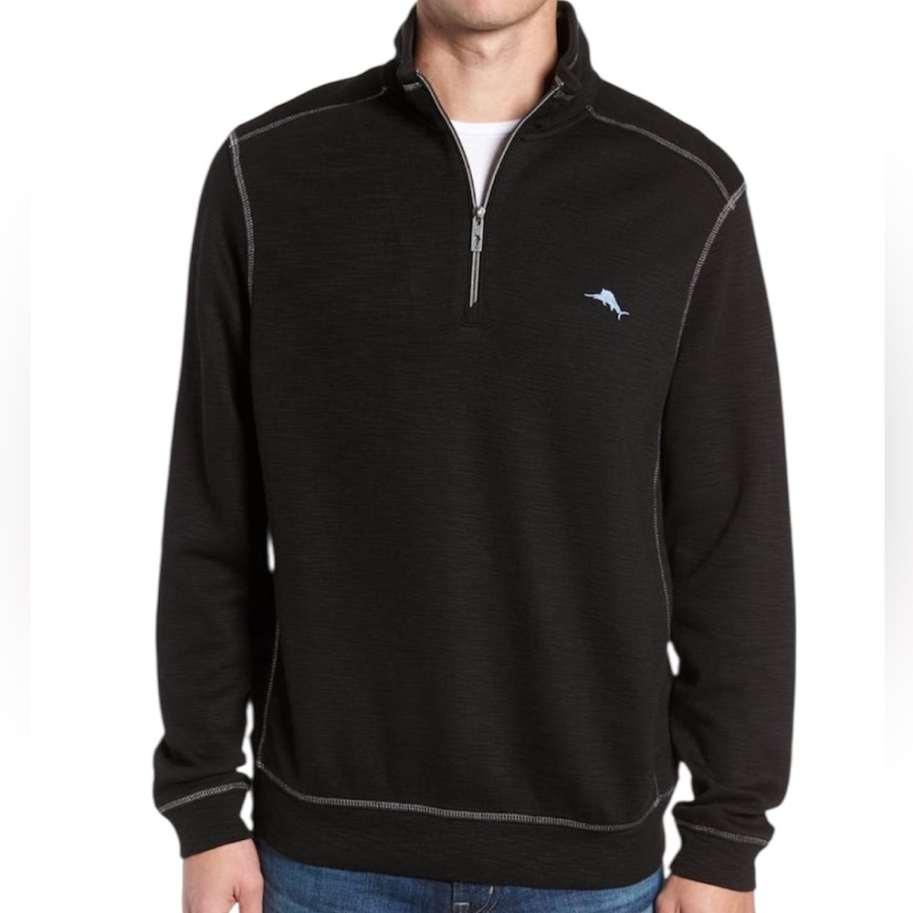 Tommy Bahama Tobago Bay Black Half-Zip Sweatshirt with Blue contrast stitching